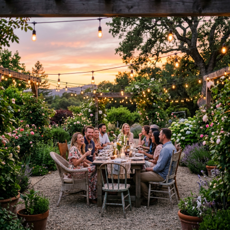 Group of friends seated at an outdoor garden dinner table with string lights at sunset
