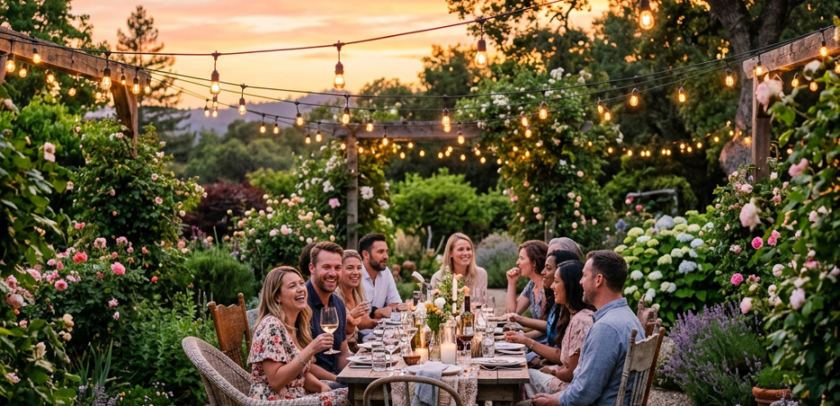 Group of friends seated at an outdoor garden dinner table with string lights at sunset