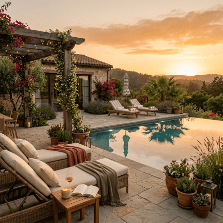 Poolside with loungers, plants, and sunset over hills