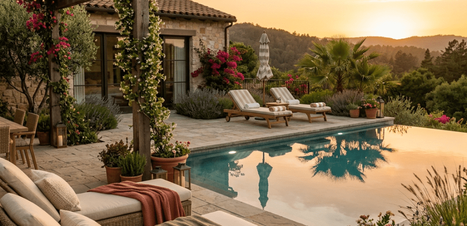 Poolside with loungers, plants, and sunset over hills
